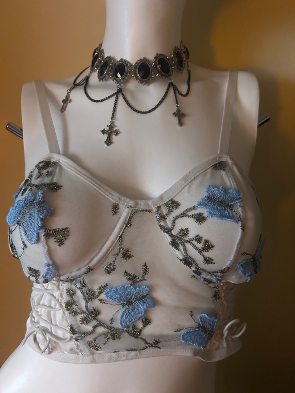 Sheer Embroidered Bustier Crop Top - White with Blue Floral